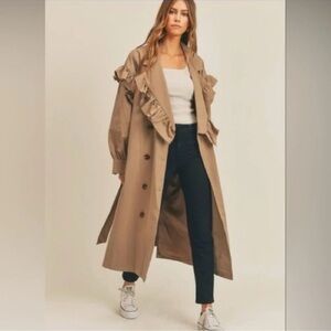 Mabel tan, trenchcoat, ruffle detail, double breasted size small/medium.